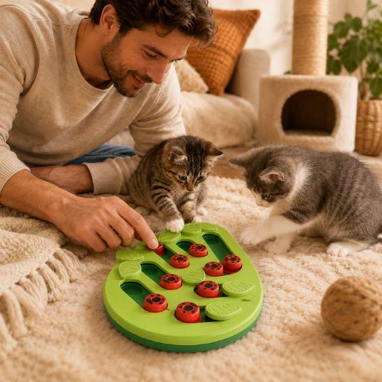 Homme jouant avec deux chatons autour d’un puzzle alimentaire