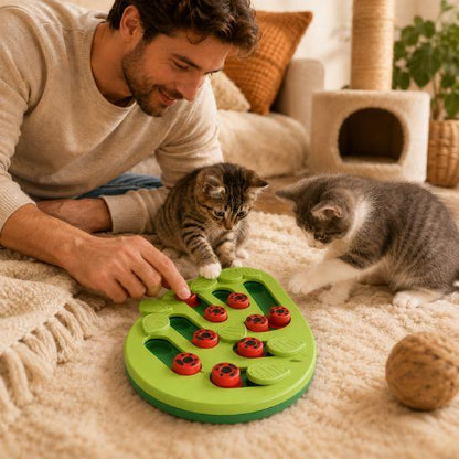 Homme jouant avec deux chatons autour d’un puzzle alimentaire