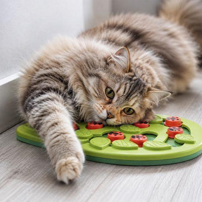 Chat couché sur un puzzle alimentaire pour chat