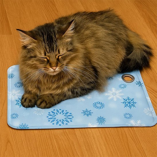 Chat à poils longs installé sur un tapis rafraîchissant à eau bleu clair