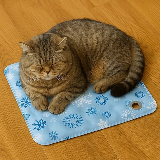 Chat couché sur un tapis rafraîchissant à eau bleu avec motifs de flocons