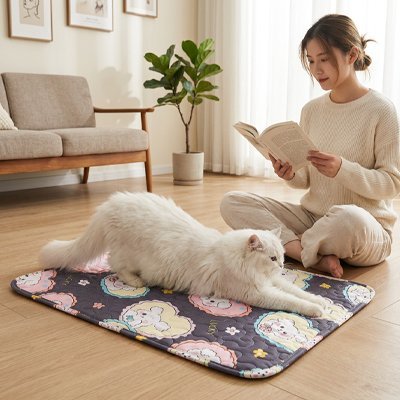 Chat blanc allongé sur un grand tapis rafraîchissant pour chat dans un salon lumineux