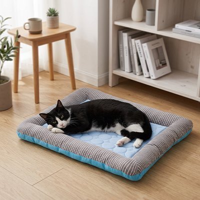 Chat noir et blanc couché sur un tapis rafraîchissant matelassé bleu avec rebords