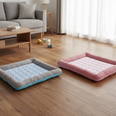 Deux tapis rafraîchissants matelassés pour chat en versions bleu et rose dans un salon