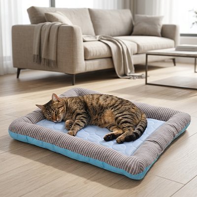 Grand chat tigré couché sur un tapis rafraîchissant matelassé bleu dans un salon lumineux