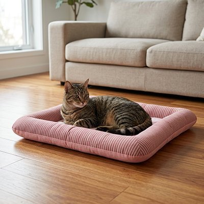 Chat tigré installé sur un tapis rafraîchissant matelassé rose avec rebords moelleux