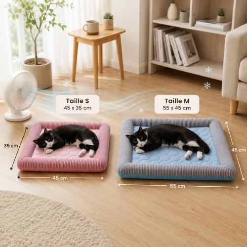 Comparatif des tailles du tapis rafraîchissant chat rose et bleu avec dimensions S et M