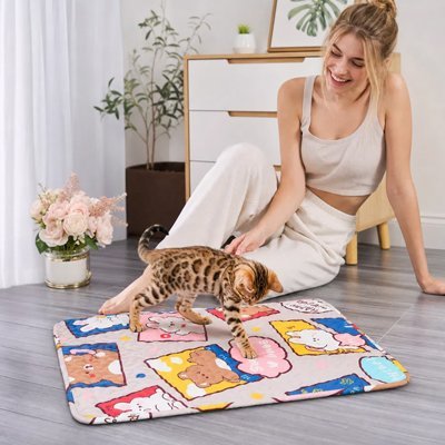 Chaton sur un tapis rafraîchissant pour chat avec motif coloré et doux pour l’été